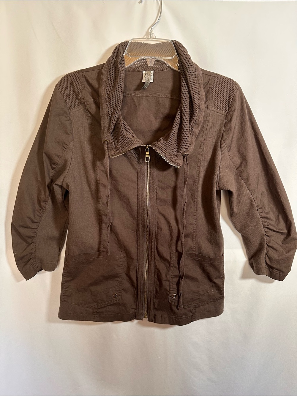 XCVI Brown Mesh Trim Full Zip Jacket Ruched 3/4 Sleeve Utility Cargo Size L